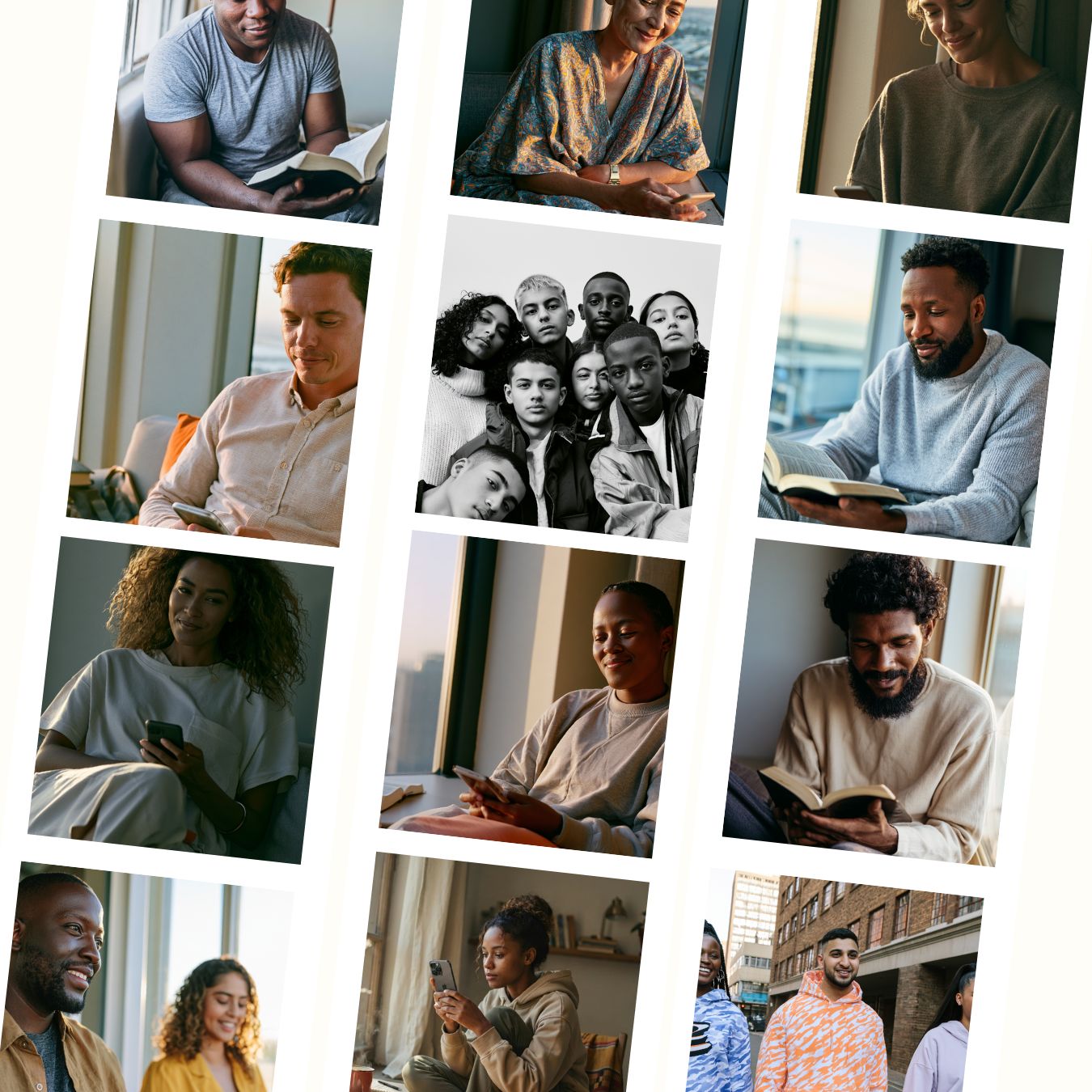 A collage of people from different backgrounds reading Scripture, reflecting and connecting in everyday life.