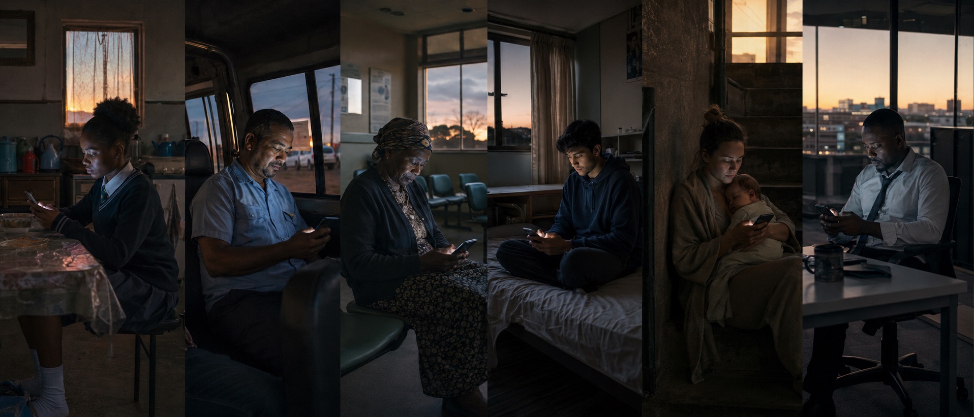 Six everyday scenes: a student, commuter, mother, and others, each lit by the glow of a phone in quiet morning or evening light.